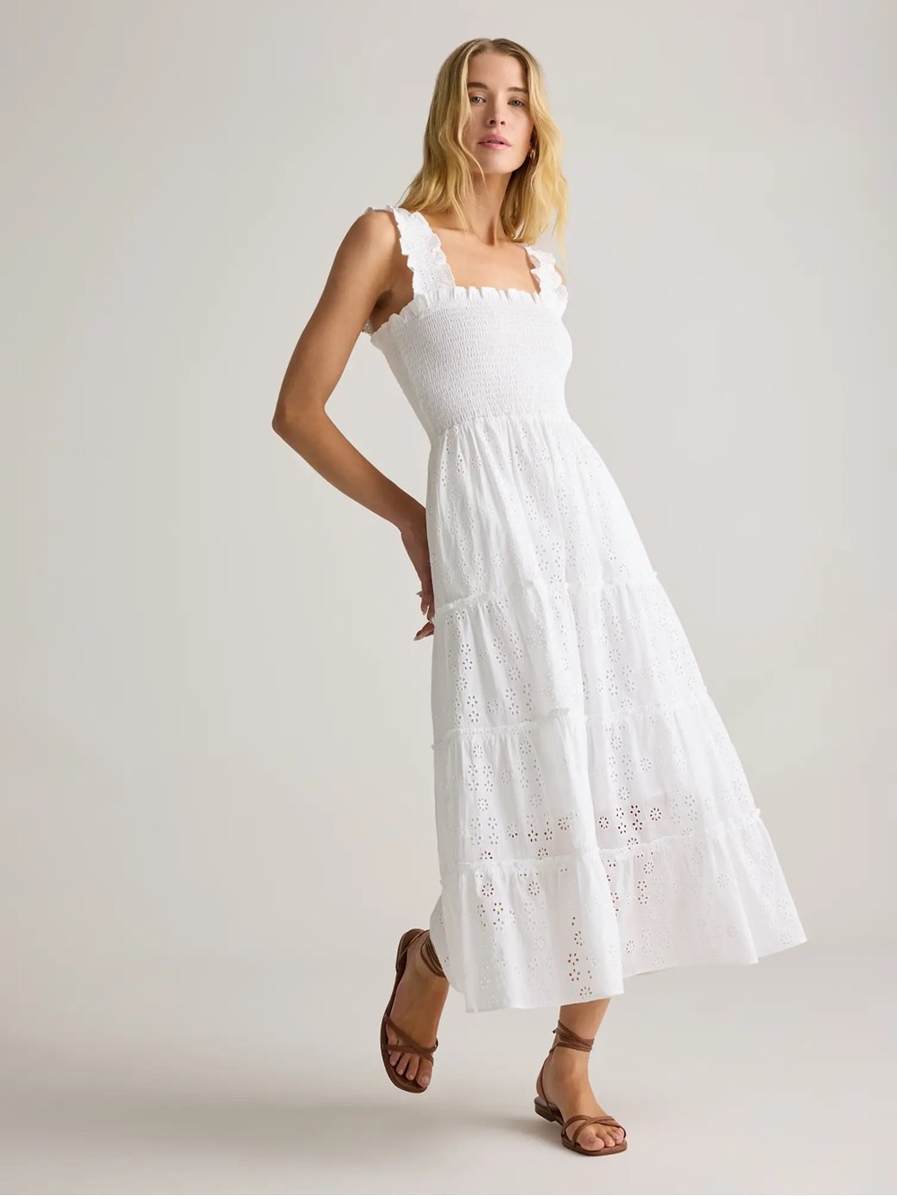 Quince 100% Organic Cotton Eyelet Smocked Tiered Midi Dress Hill House S 2 4 6